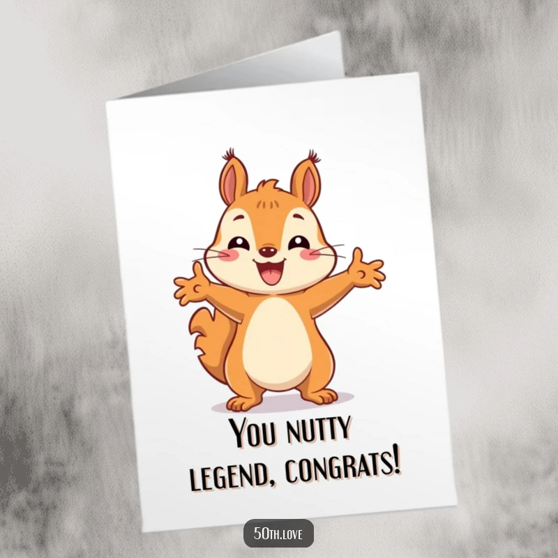 Funny Free Printable Congrats Card: Excited squirrel striking a celebratory pose with outstretched paws, ready to cheer.