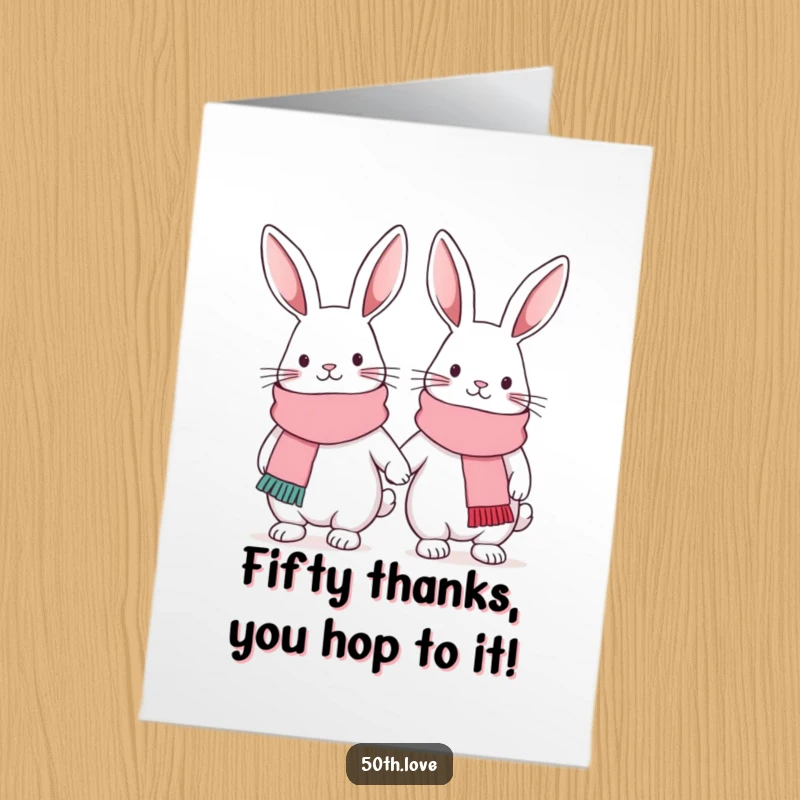 Funny Free Printable Thank You Card: Two cute bunnies in matching scarves hold arms, expressing thanks together warmly.