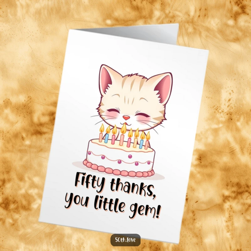 Funny Free Printable Thank You Card: A cute kitten with a determined look tries to blow out tiny birthday candles, saying thanks.