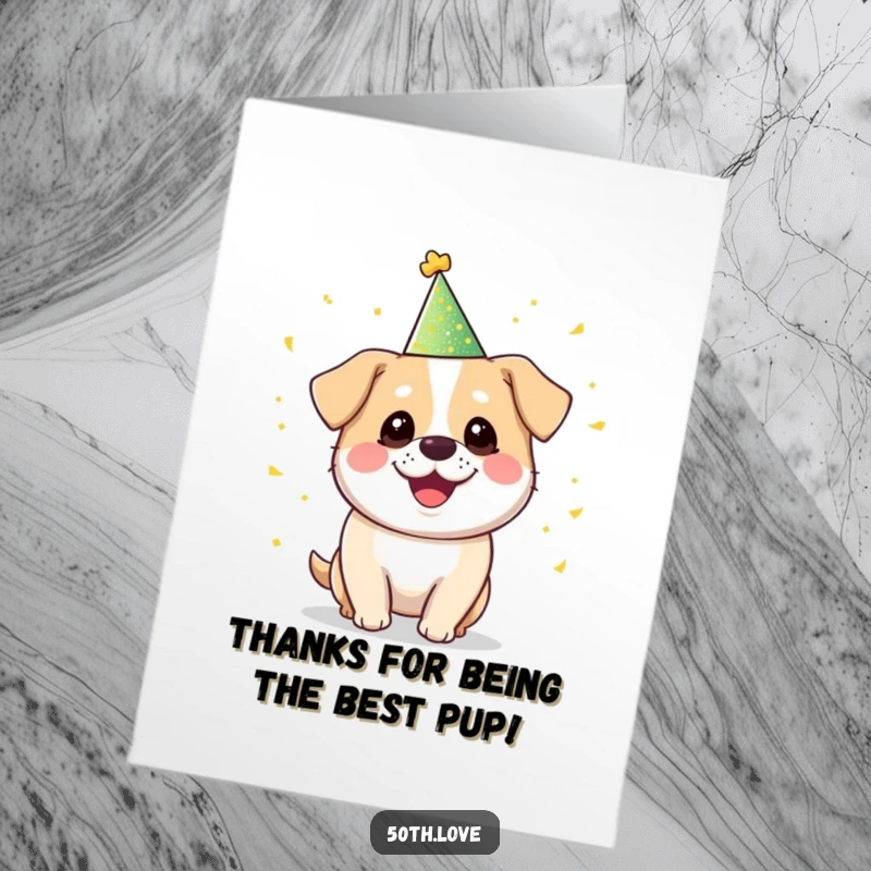 Funny Free Printable Thank You Card: A smiling dog in a party hat juggles confetti.