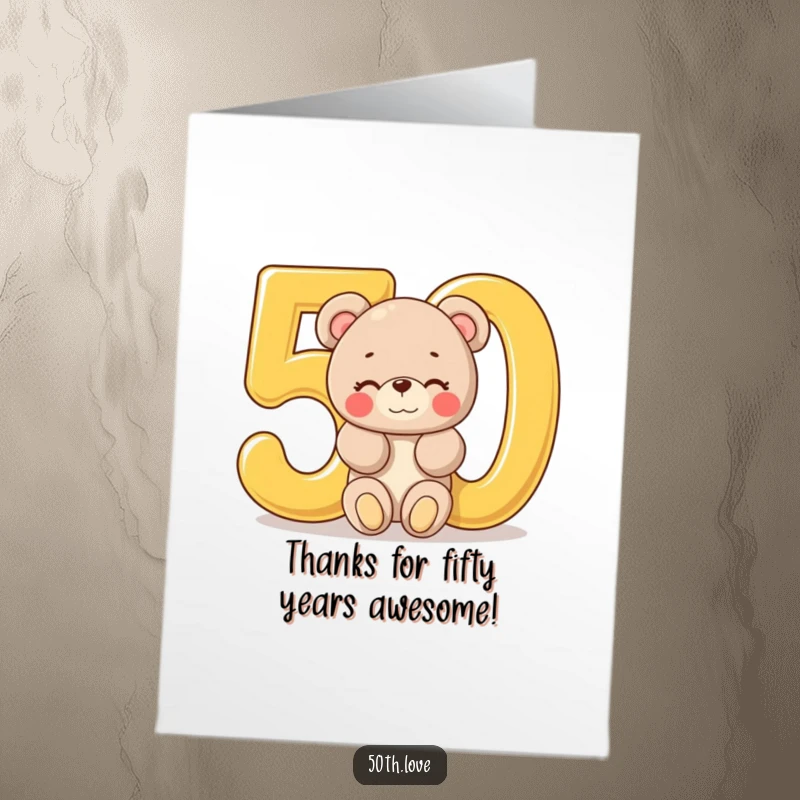 Funny Free Printable Thank You Card: Winking plush bear peeking from a golden 50.