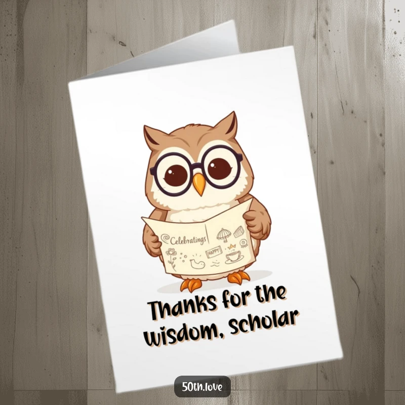 Funny Free Printable Thank You Card: A contented owl in spectacles reads a scroll with drawings.