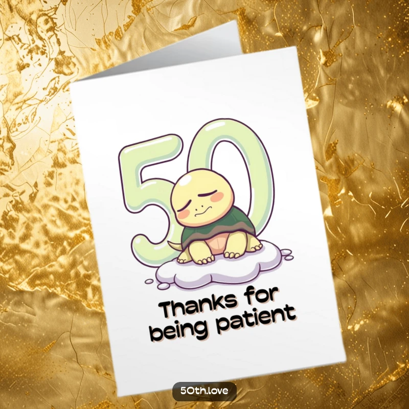 Free Printable Thank You Card: Sleepy turtle slowly appearing from a giant shiny number, expressing gratitude with a calm demeanor.