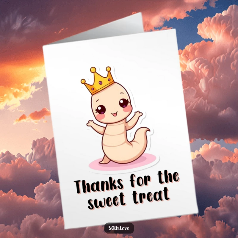Free Printable Thank You Card: A wiggling worm wearing a crown, dancing around a cake to express thanks.