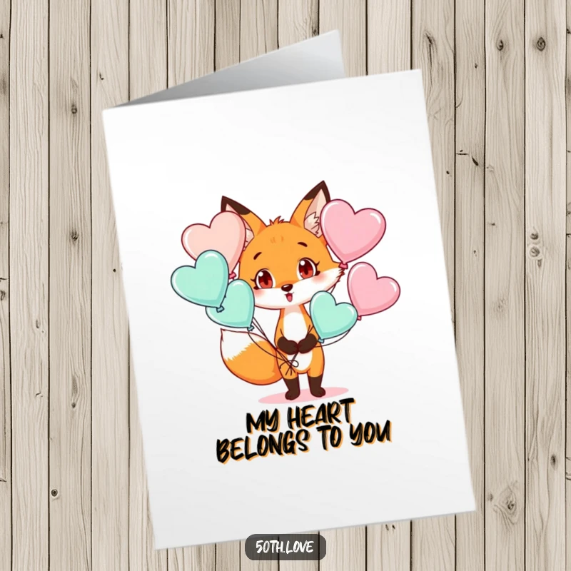 Free Printable Thank You Card: A fox with a surprised expression holding heart-shaped balloons, expressing gratitude.