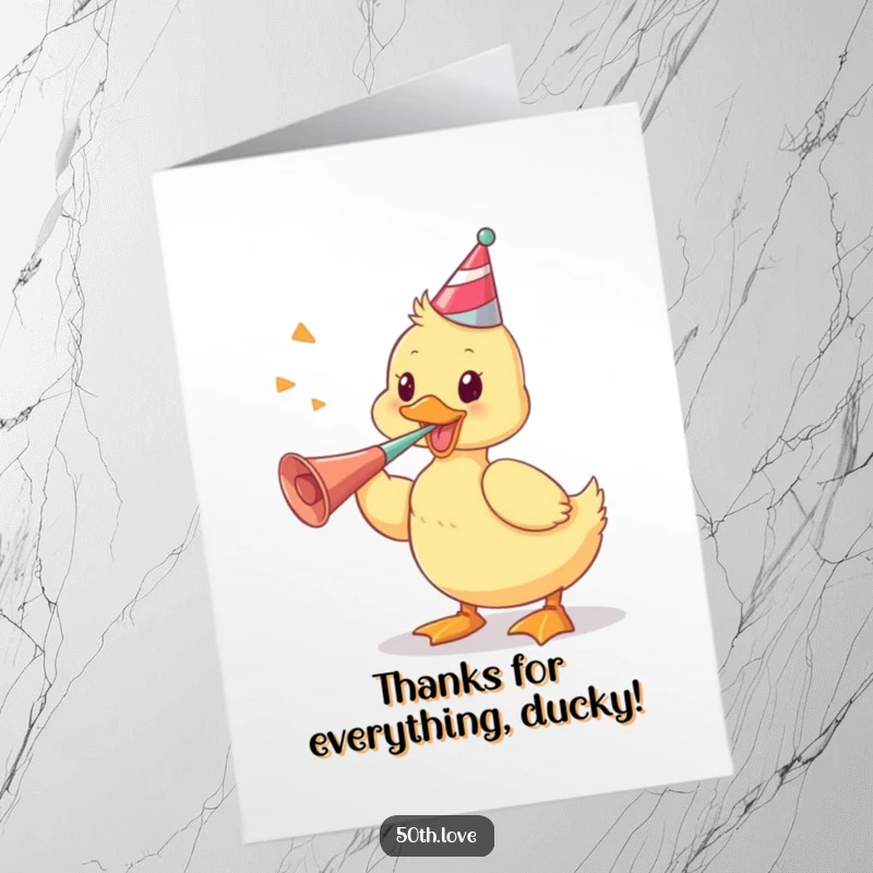 Funny Free Printable Thank You Card showing a playful duckling vigorously blowing a party horn, a cheerful way to say thanks.