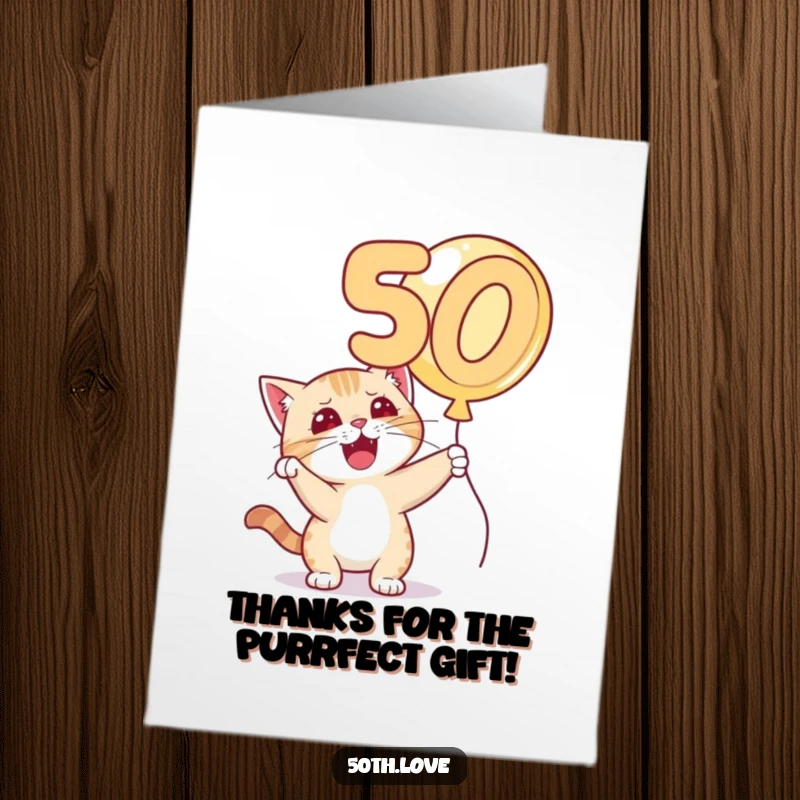 Funny Free Printable Thank You Card: A cat with a mischievous grin bats a balloon.