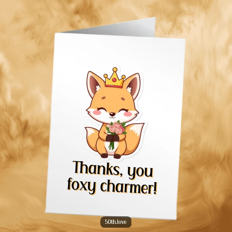 Funny Free Printable Thank You Card: Giggling fox in a silly crown winks while holding a bouquet.