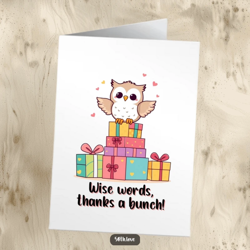 Funny Free Printable Thank You Card: Happy owl perched on colorful presents, hooting with glee.