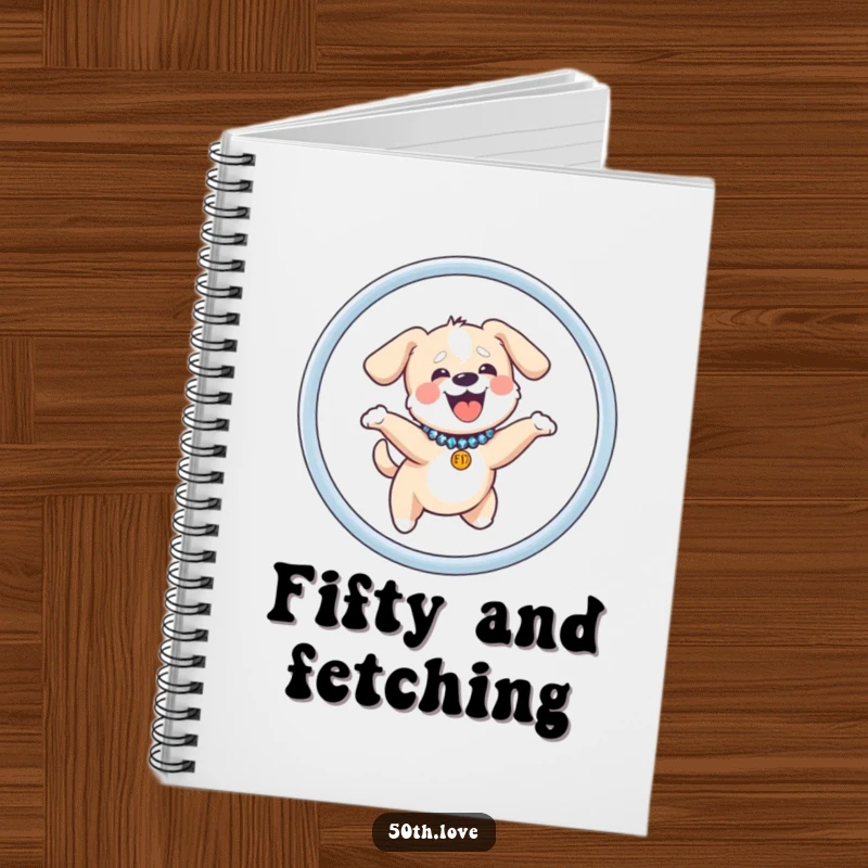 Funny dog notebook with a happy dog wearing a sequined collar, jumping through a hoop marked with the number fifty.