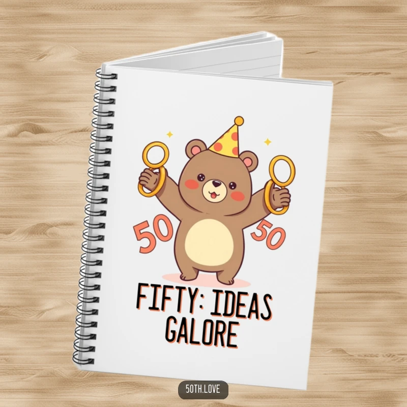 Funny notebook with a bear in a party hat juggling five golden rings near a number 50, perfect for notes.