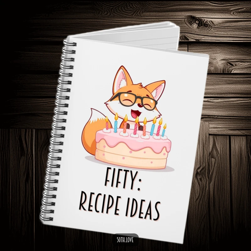Funny notebook with a giggling fox in glasses blowing out candles on a large birthday cake.