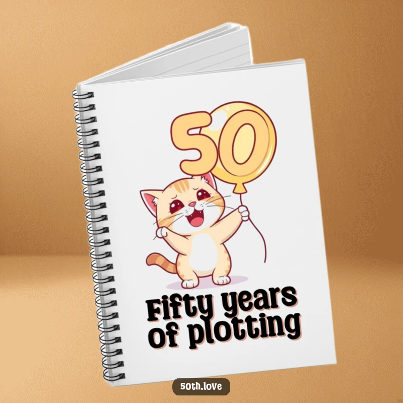Funny 'Cat 50th Birthday' Notebook: A mischievous cat bats at a golden number 50 balloon, perfect for jotting down witty feline thoughts.