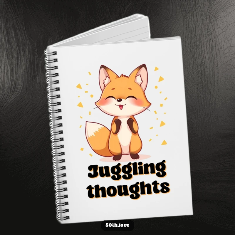 Funny notebook featuring a giggling fox juggling golden confetti, perfect for notes, journaling, and creative writing.