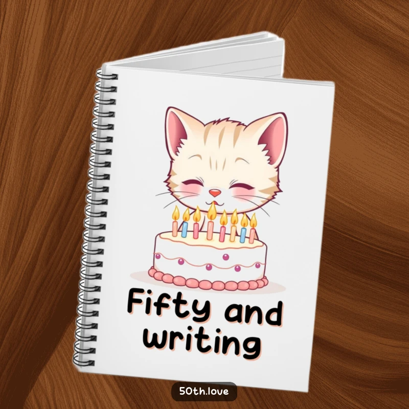 Funny 50th birthday notebook with a smiling kitten trying to blow out fifty tiny candles on a small cake, for jotting funny notes.