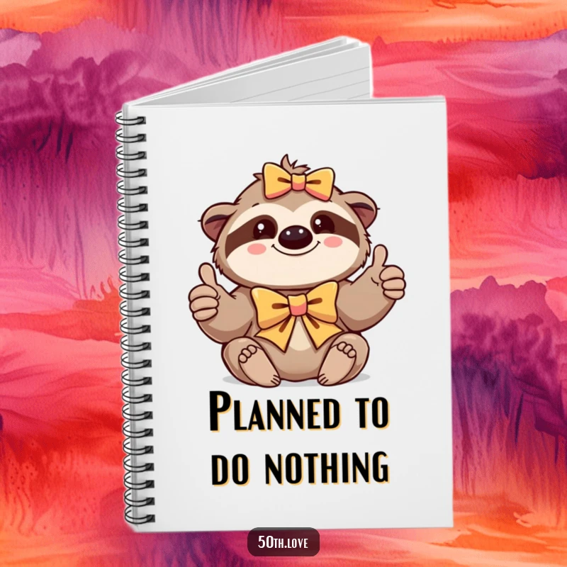 Funny notebook with a content sloth wearing a bow and giving a thumbs-up, encouraging slow writing.