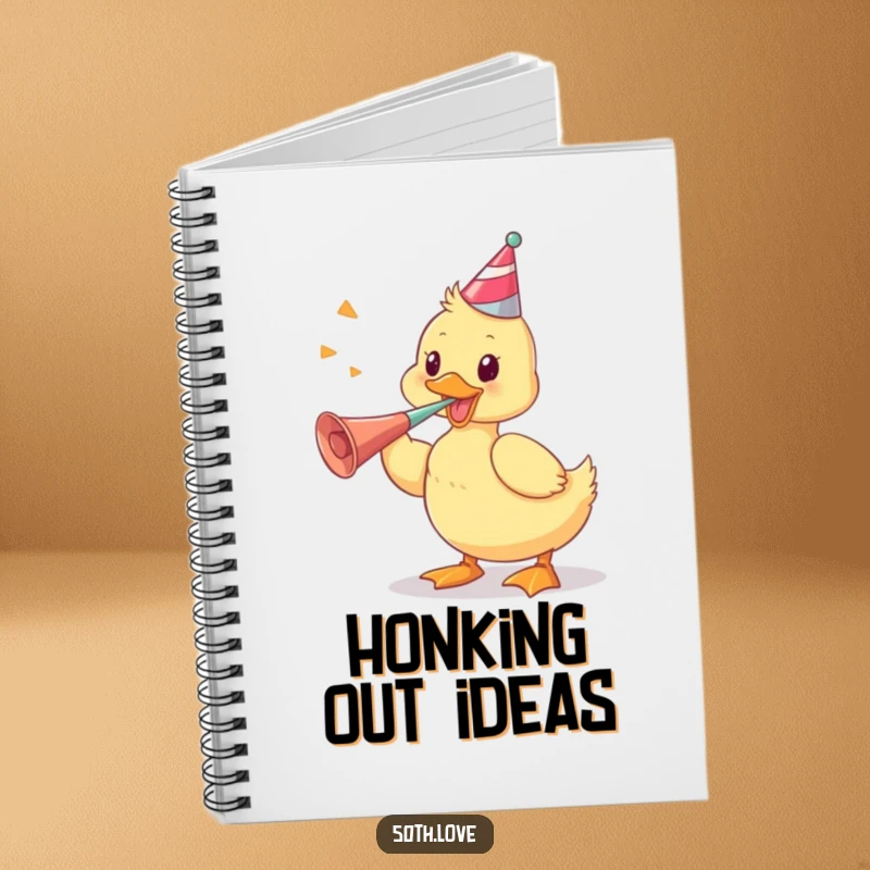 Funny notebook featuring a playful duckling vigorously blowing a party horn, perfect for writing, journaling, and creative planning.