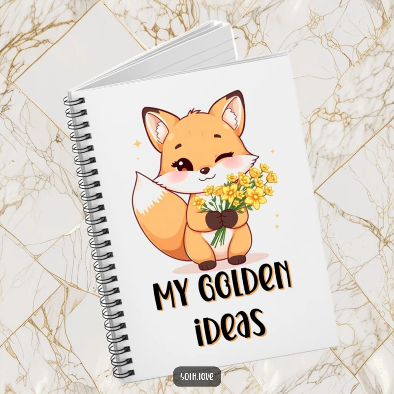 Funny fox notebook with a cheerful wink, holding a bouquet of sparkling golden flowers, for all your notes.