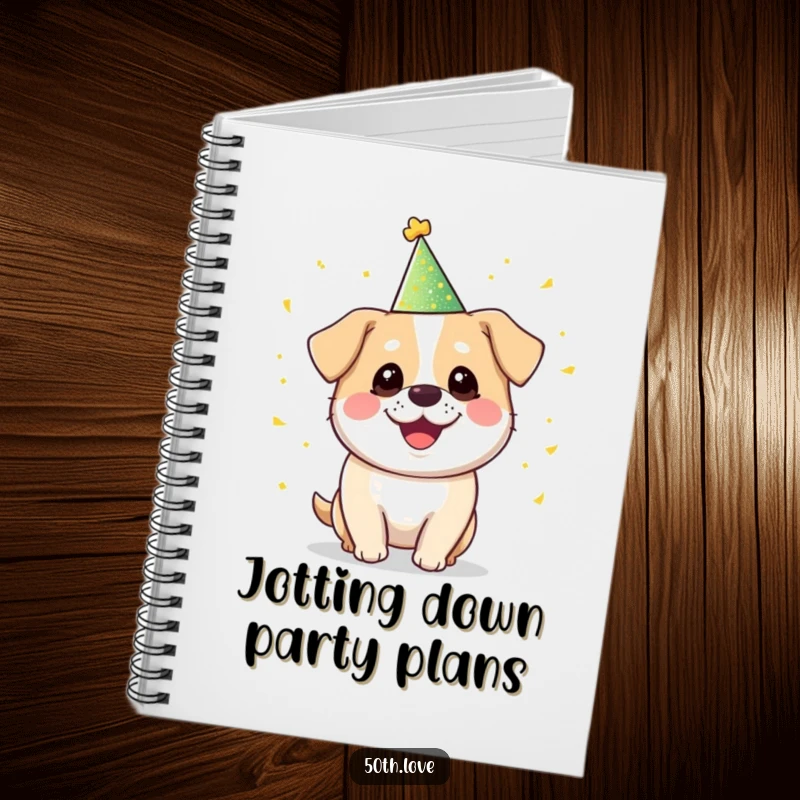 Funny 'Party Dog' Notebook: A round, smiling dog juggles golden confetti, perfect for jotting down funny thoughts and plans.