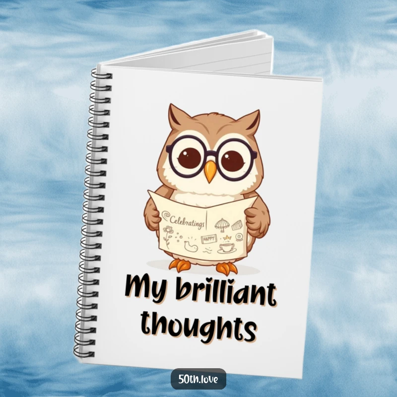 Funny owl notebook with spectacles, contentedly reading a scroll decorated with celebratory drawings and patterns.