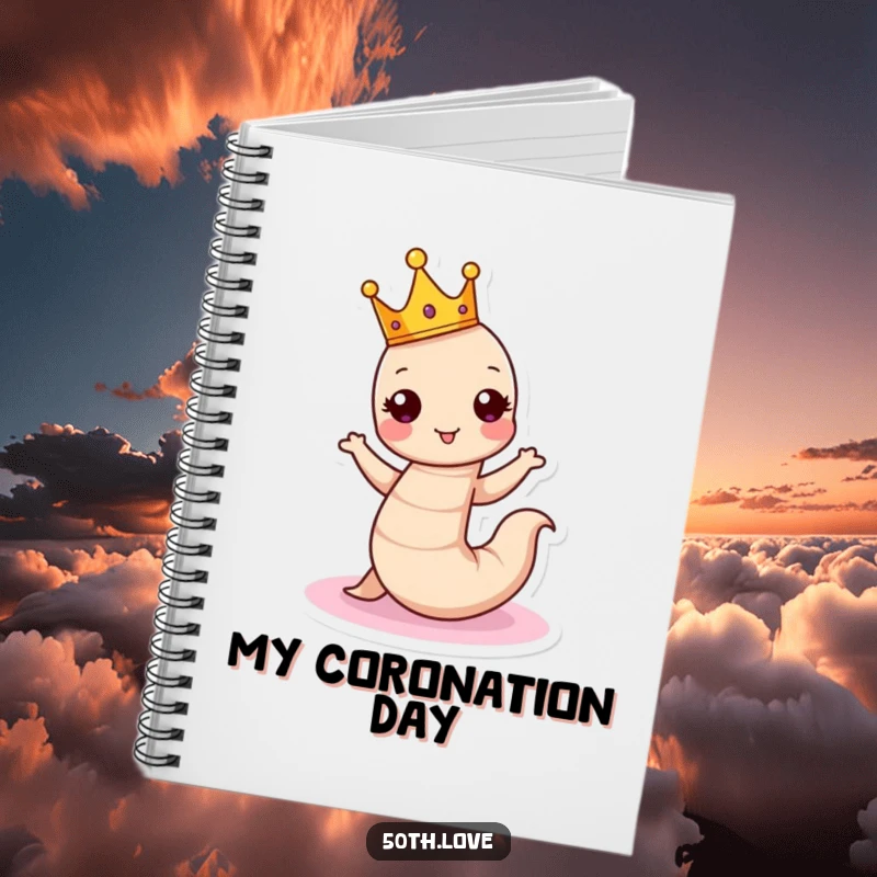 Funny birthday notebook featuring a crowned worm dancing around a cake, perfect for jotting down ideas with humor.