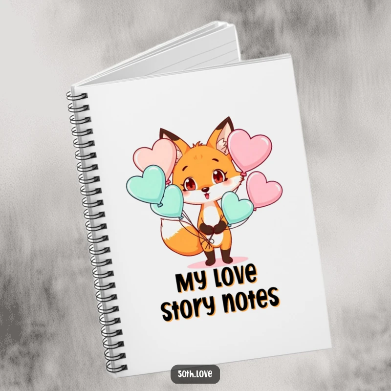 Funny notebook featuring a surprised fox holding heart-shaped balloons, perfect for jotting down ideas with humor.