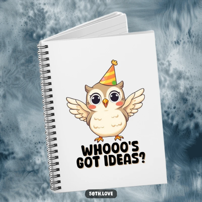 Funny notebook featuring a cheerful owl wearing a party hat and flapping its wings, perfect for writing and planning.