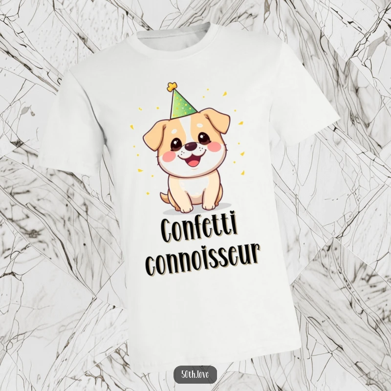 Funny 'Party Dog' T-Shirt: A happy, round dog wearing a party hat skillfully juggles shimmering golden confetti.