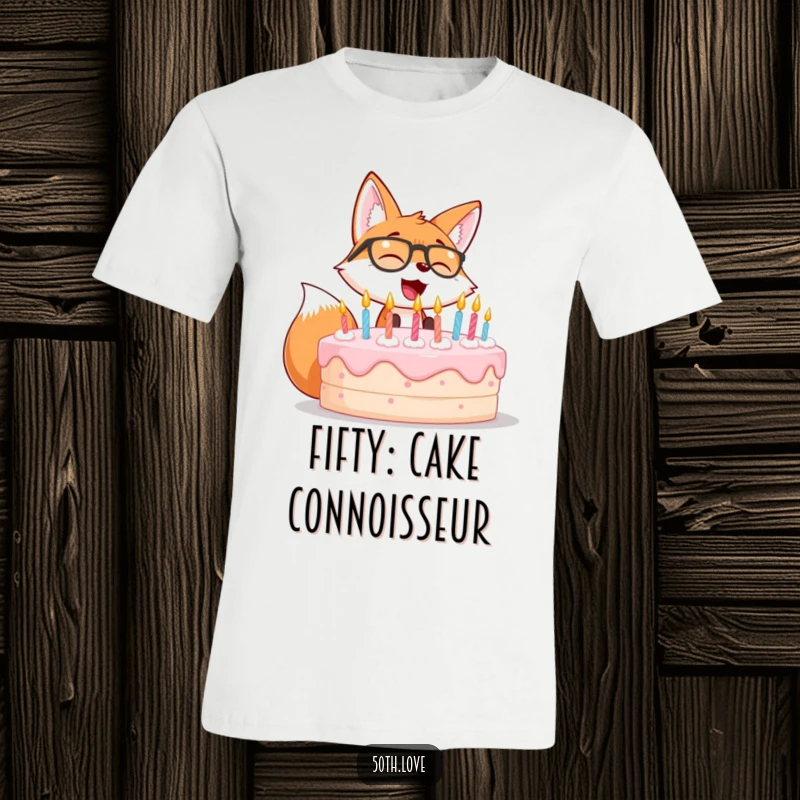 Funny t-shirt showing a giggling fox in glasses blowing out candles on a massive birthday cake.