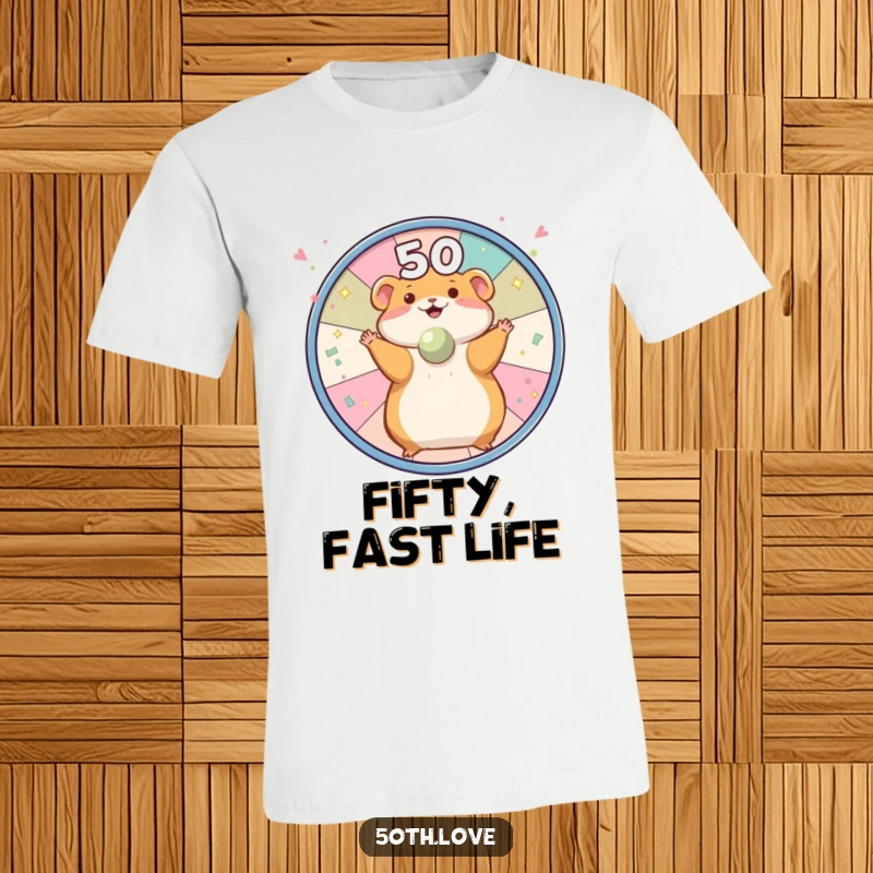 Funny hamster spinning a wheel with confetti and '50' on a t-shirt, embodying energetic birthday celebrations.