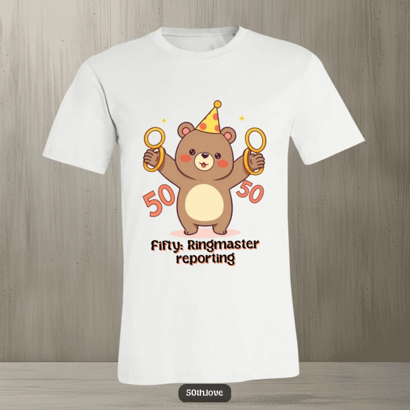Funny t-shirt showcasing a happy bear wearing a party hat, skillfully juggling five golden rings near a large number 50.