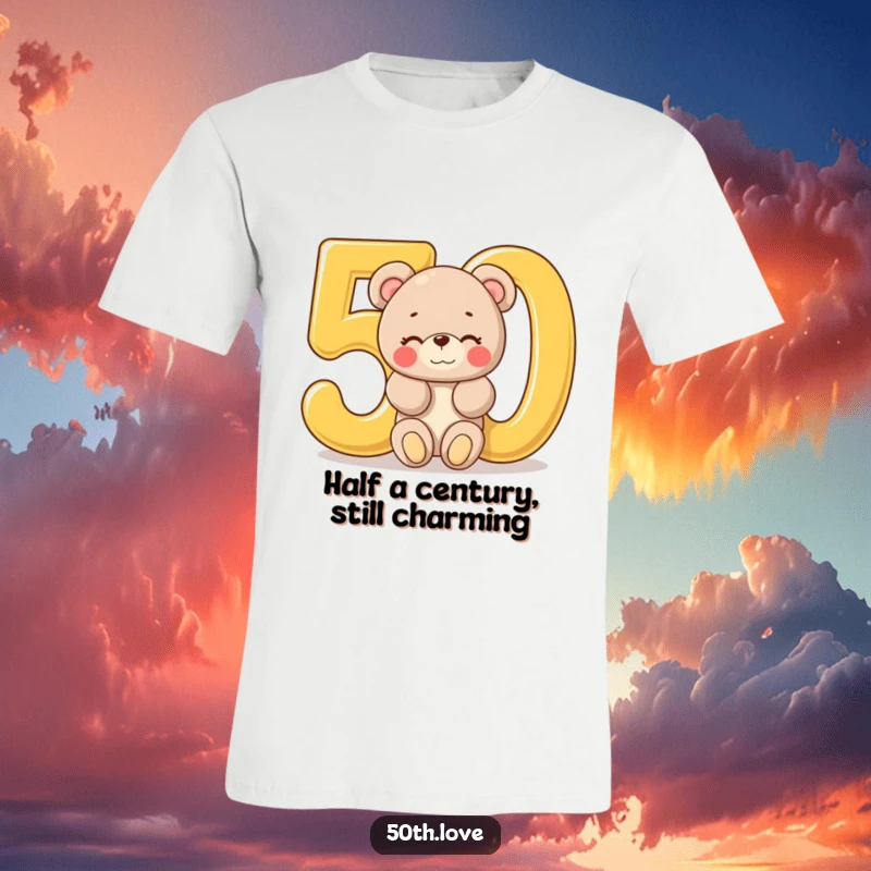 Funny '50th Birthday Bear' T-Shirt: A plush bear peeks out from a golden number 50, winking with birthday cheer.