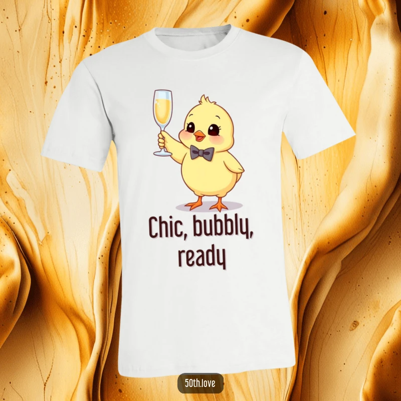 Funny t-shirt featuring a small chick wearing a bow tie, joyfully bouncing and holding a champagne flute.
