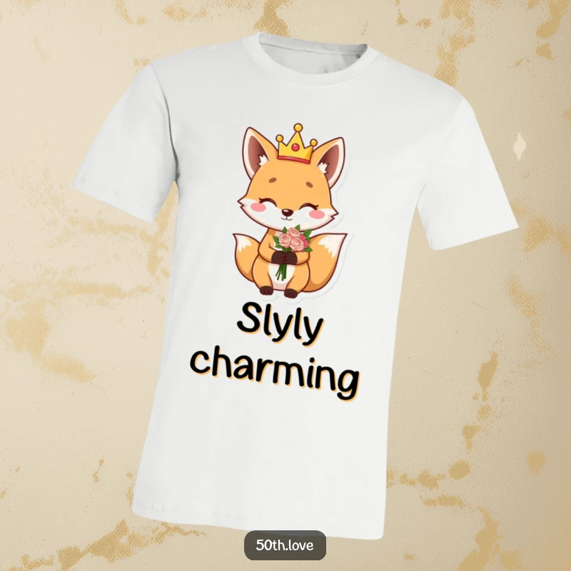 Funny t-shirt featuring a giggling fox wearing a silly crown, winking, and holding a colorful bouquet.