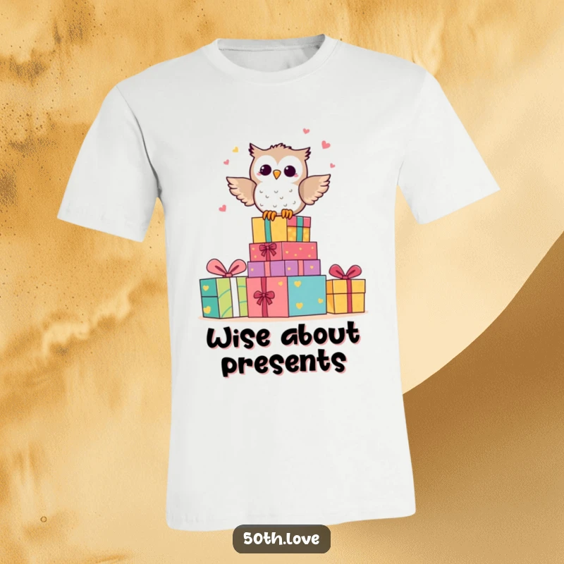 Funny t-shirt depicting a happy owl character hooting with glee on a pile of colorful anniversary gifts.