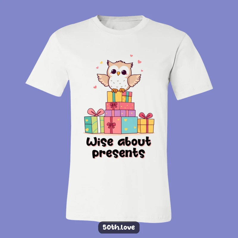 Funny Owl Anniversary T-Shirt: Happy Character Hooting on Gift Stack
