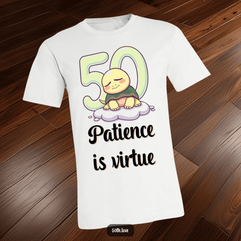Funny 50th birthday t-shirt with a sleepy turtle slowly appearing from a shiny number '50', celebrating a relaxed milestone.