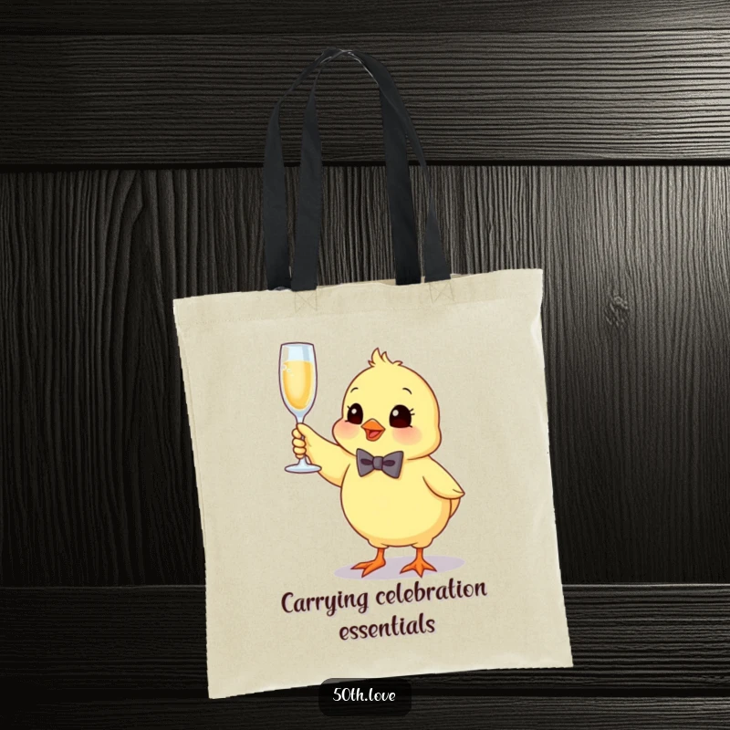 Funny chick tote bag showing a chick in a bow tie, bouncing and holding a champagne flute aloft.