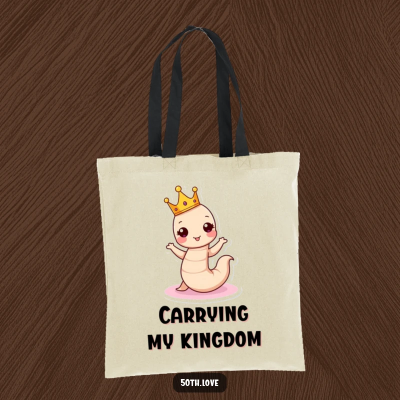 Funny birthday tote bag depicting a crowned worm dancing around a cake, ideal for carrying party essentials with humor.