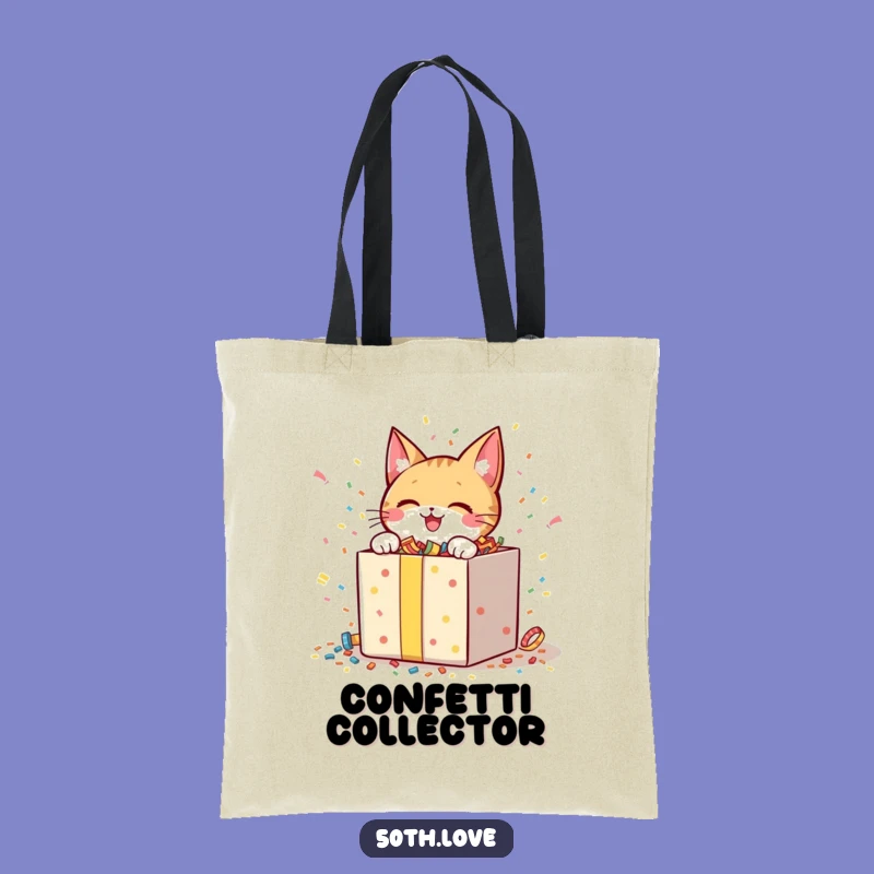 Funny Cat Unboxing Tote Bag: Cheerful Character Carrying Surprise Gift Confetti