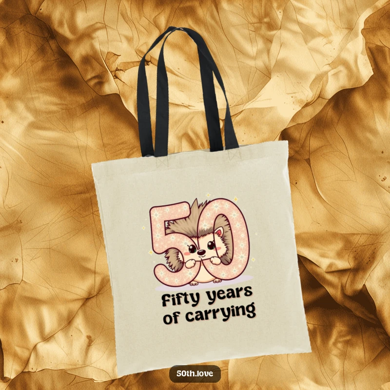 Funny tote bag with a chubby hedgehog peeking out from behind a sparkling number 50, great for birthdays.
