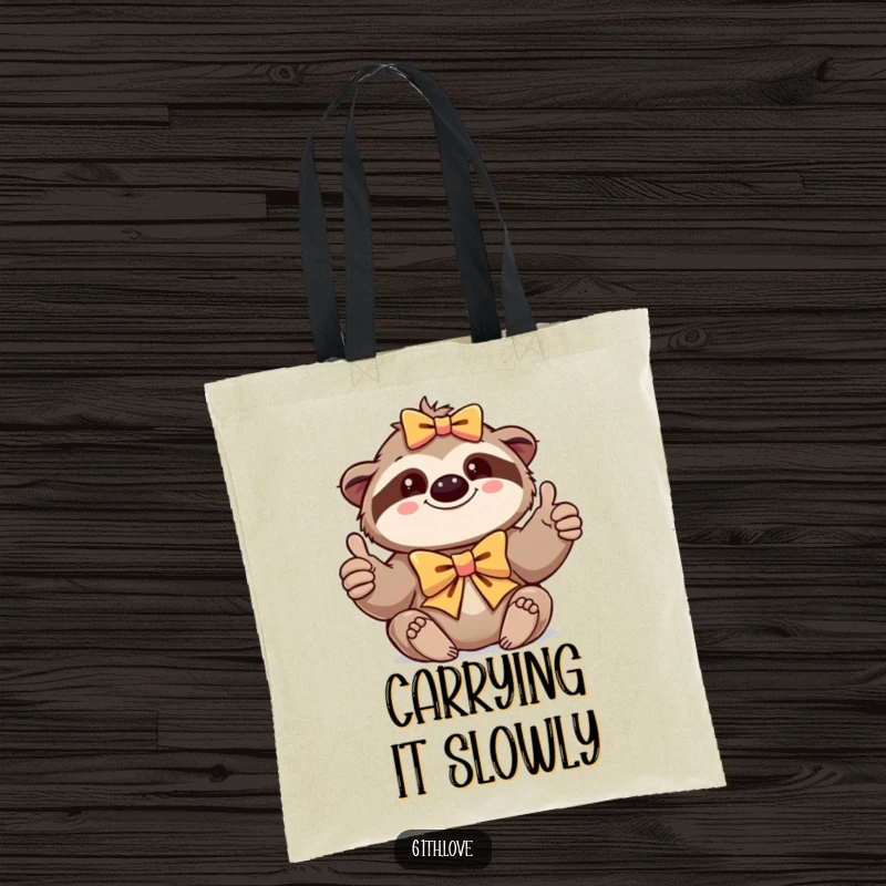 Funny tote bag showcasing a content sloth in a bow, giving a thumbs-up, perfect for carrying essentials.