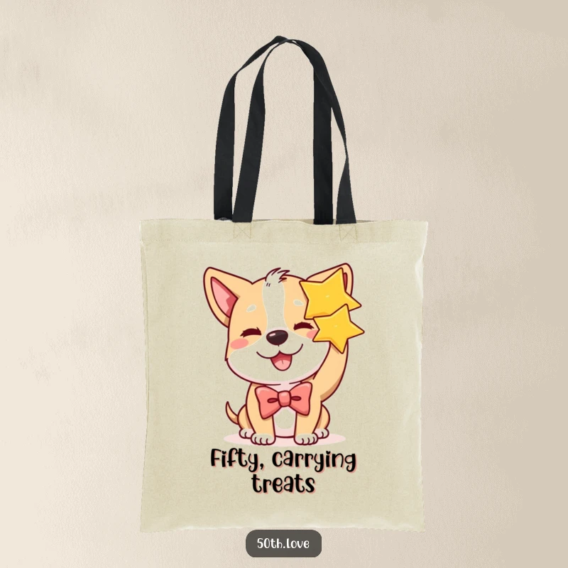Funny dog wearing a bow tie winks while holding a golden star on a tote bag, ideal for carrying essentials with star flair.