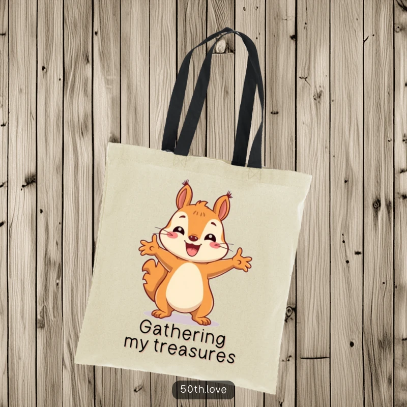 Funny tote bag depicting a jubilant squirrel in a celebratory stance, paws thrown up in excitement.