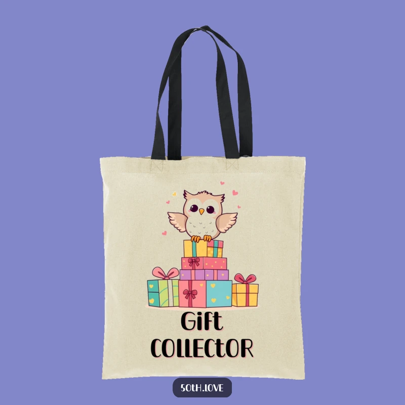 Funny Owl Anniversary Tote Bag: Happy Character Hooting on Gift Stack