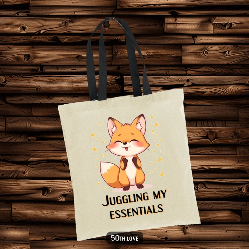 Funny tote bag featuring a giggling fox artistically juggling streams of golden confetti, a stylish and humorous accessory.